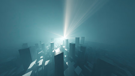 A surreal urban landscape featuring tall structures emerging from a soft blue mist, illuminated by a radiant beam of light, creating a tranquil and futuristic atmosphere.の素材