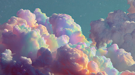 Enchanting soft pastel clouds fill the sky, radiating with light and color, ideal for projects requiring a sense of wonder, tranquility, and dreamy landscapes.の素材