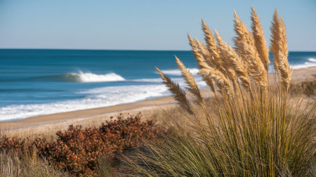A stunning view of a tranquil beach featuring pampas grass in the foreground and gentle ocean waves in the background, showcasing the beauty of nature.の素材