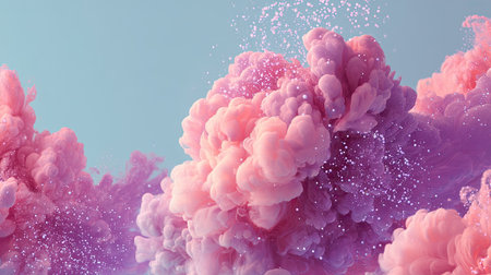 A mesmerizing composition of pink and purple smoke swirling together, creating a dreamy and ethereal atmosphere with sparkling textures against a serene backdrop.の素材