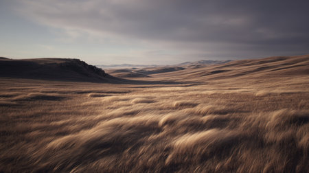 A captivating view of rolling hills covered in golden grass under a dramatic sky. This serene landscape captures the essence of nature's beauty and tranquility.の素材