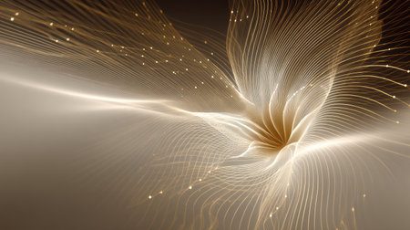 Mesmerizing abstract image of golden light swirls and flowing lines with luminous particles, perfect for creative projects, digital art, and elegant designs.の素材