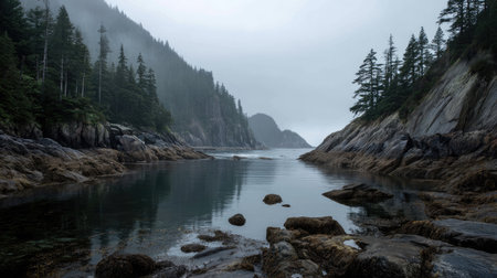 A breathtaking coastal landscape featuring misty mountains and tranquil waters surrounded by lush green forests, creating a serene and peaceful atmosphere.の素材