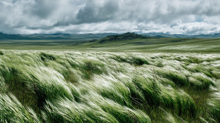 This image captures a vast green grass field swaying gently in the wind, under a moody sky, evoking a sense of peace and connection with nature.の素材