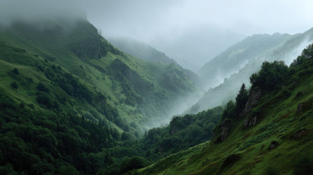 Captivating view of misty green mountains with lush valleys. The fog-enhanced atmosphere evokes a sense of tranquility perfect for nature enthusiasts or travelers.の素材