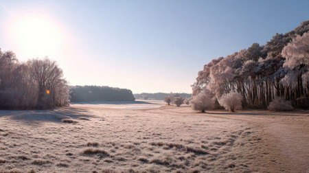 A stunning frosty landscape showcases trees glistening under bright winter sunlight, creating a serene and picturesque scene full of tranquility and beauty.の素材
