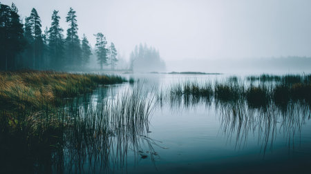 A serene misty landscape captures the calm water's edge lined with lush grass and tall pine trees, creating a tranquil atmosphere in nature's untouched wilderness.の素材