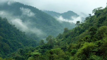 Discover the breathtaking beauty of lush green mountains shrouded in gentle mist, highlighting the serenity and richness of a tropical rainforest ecosystem.の素材