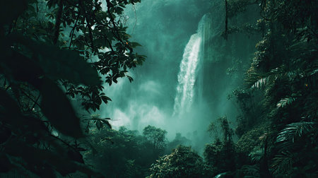 Discover a captivating waterfall nestled in a dense forest, surrounded by vibrant green foliage and ethereal mist, creating a perfect setting for nature lovers.の素材