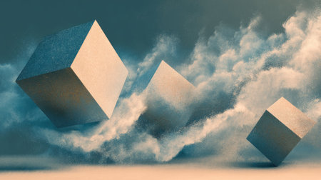 This abstract image features floating geometric cubes surrounded by soft clouds, creating a serene and dreamlike atmosphere perfect for artistic projects.の素材