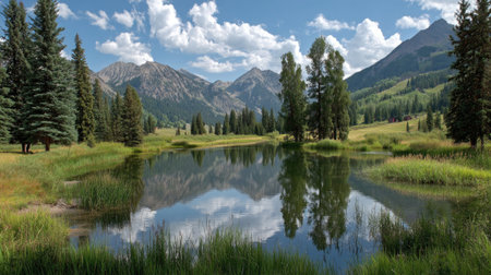 A breathtaking view of a peaceful mountain lake surrounded by lush greenery and towering trees. The scene captures nature's beauty under a clear blue sky with soft clouds.の素材