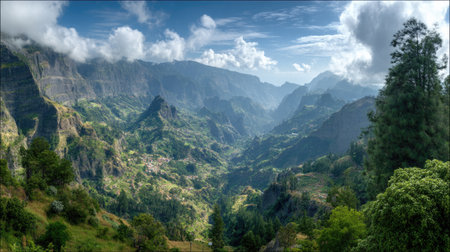 Explore the breathtaking view of majestic mountains and lush valleys under a clear blue sky dotted with clouds, showcasing the untouched beauty of nature.の素材
