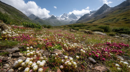 A stunning mountain landscape featuring vibrant wildflowers in various colors, set against majestic peaks and a dramatic sky, showcasing natureの素材