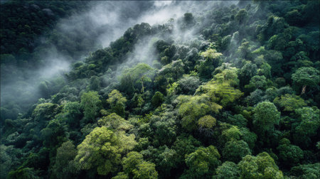 A stunning aerial view of a vibrant green forest enveloped in mist, showcasing the rich layers of foliage that highlight the beauty of untouched nature.の素材
