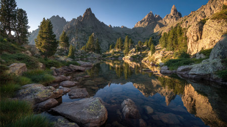A breathtaking view of a serene mountain landscape at sunset, showcasing reflections in a clear lake surrounded by lush trees and rocky terrain, perfect for nature enthusiasts.の素材