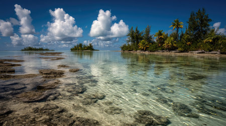 Discover a stunning tropical scene featuring crystal clear waters, lush greenery, and majestic clouds. This tranquil paradise invites relaxation and adventure.の素材
