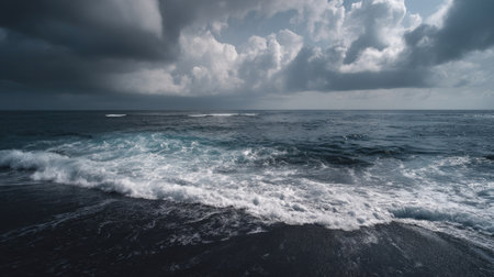 Majestic ocean waves crash softly against the shore, framed by a brooding sky of clouds, evoking a sense of tranquility and the raw beauty of nature's coastal landscapes.の素材