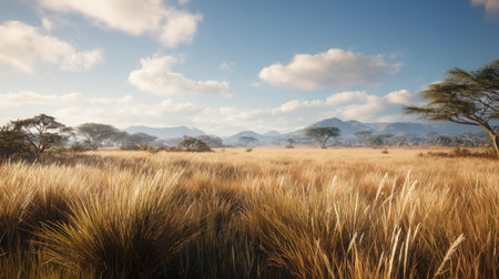 A tranquil grassland landscape featuring golden grasses swaying gently in the breeze, distant mountains visible under a bright blue sky with soft clouds.の素材