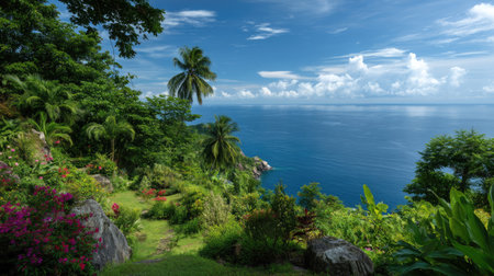 Discover a stunning tropical landscape featuring vibrant greenery and calm azure ocean under a bright blue sky, perfect for relaxation and exploration in paradise.の素材