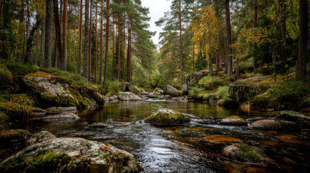 A picturesque forest river flows gently through a serene landscape, surrounded by tall trees and smooth stones. Autumn leaves lightly touch the water's surface, creating a tranquil atmosphere perfect for nature lovers.の素材