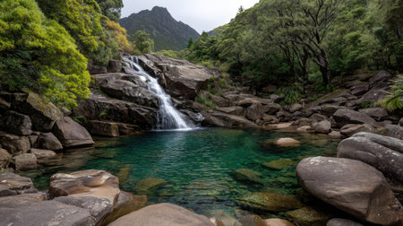 Discover the beauty of a serene waterfall flowing into a crystal-clear pool, framed by lush greenery and majestic mountains, creating a tranquil nature escape.の素材