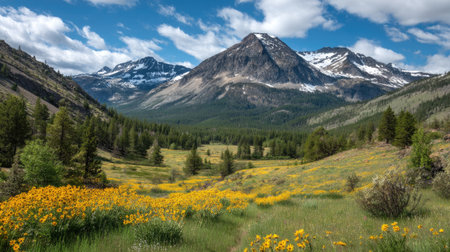 A breathtaking view of a mountain range captured on a sunny day, featuring a field of vibrant wildflowers in a lush valley under a cloud-specked blue sky.の素材