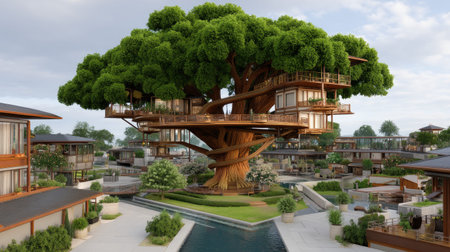 The enchanting image showcases a stunning treehouse village, featuring modern architecture intertwined with nature, surrounded by calming waterways and lush gardens.の素材