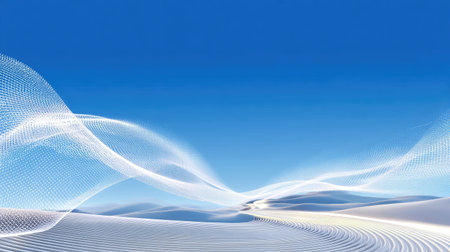 This digital artwork features a serene abstract landscape with flowing waves against a clear blue sky. It evokes tranquility and captures the essence of natural beauty.の素材