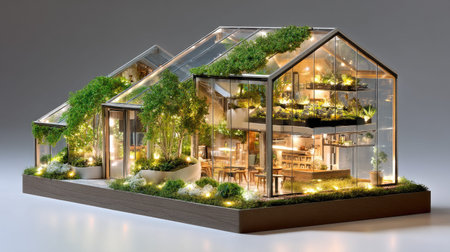 A contemporary greenhouse model featuring elegant architecture, lush plants, and sustainable design concepts that harmonize indoor living with nature, perfect for a serene environment.の素材