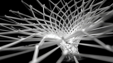 A striking geometric structure made of intertwined white lines, elegantly spreading outwards against a dark background, showcasing modern artistic expression and minimalism.の素材
