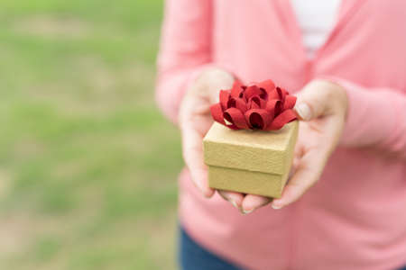 Hands female holding a gift wrapped with ribbon. Shallow depth of field with focus on the box. Hand woman giving a gift box in park for Birthday, Christmas, New year, Valentine's, Graduate, Celebrate.の写真素材
