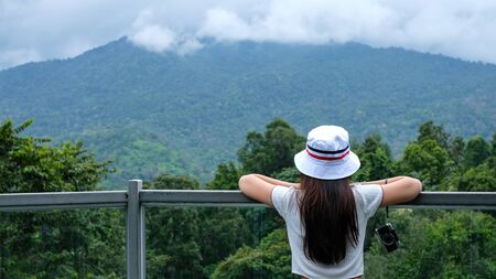 Tourist traveling in the moutain and relax with beautyful scene.の写真素材