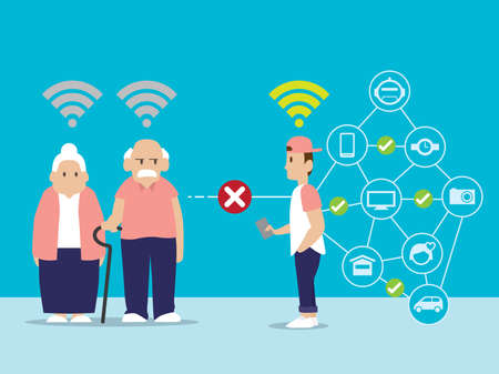 The man can connect to every smart devices but he can not connect to his grandparents. Technology illustration vector.のイラスト素材