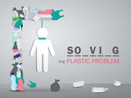 Human was hanged up by plastic waste. Plastic problem illustration vector with copy space.