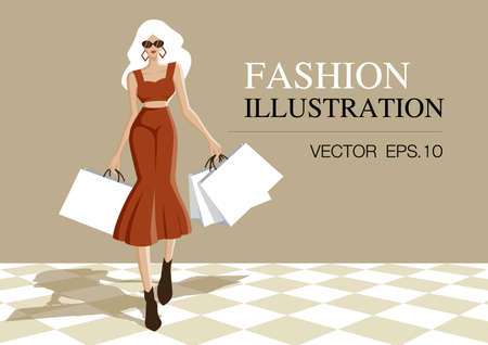 Fashion illustration vector. Fashionable women is wearing brown and holding shopping bags.のイラスト素材