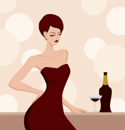 Fashion illustration vector file. Fashionable short hair woman wears sexy burgundy red dress.woman drinks wine at the bar.のイラスト素材
