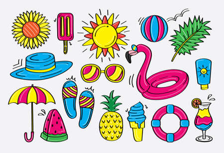 fun and colorful summer doodle vector. bright summer items for woman and girl.のイラスト素材