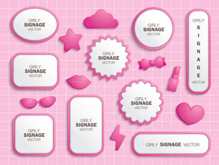 Cute signage and pink girly things vector set.のイラスト素材