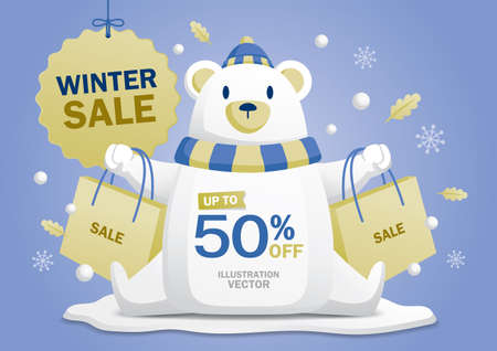 A cute white bear presents the winter promotion. winter graphic banner vector.のイラスト素材