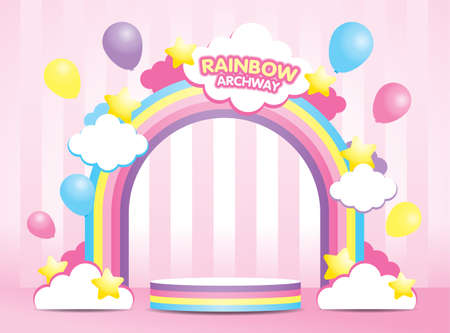 kawaii pastel rainbow archway and rainbow striped display podium 3d illustration vector with cute clouds and stars and balloons element on girly pink background.のイラスト素材