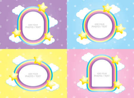 kawaii rainbow frame vector set for adding your photo or text with cloud and stars element on pastel backgroundのイラスト素材
