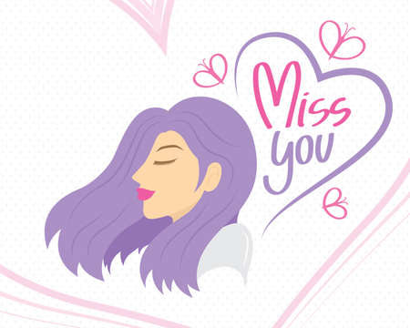 beautiful purple hair woman illustration with the handwriting phrase miss you in heart shape frameのイラスト素材