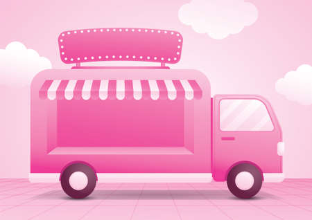 girly pastel pink truck with window display for putting your object and light bulb signage on sweet pink floor and sky 3d illustration vectorのイラスト素材