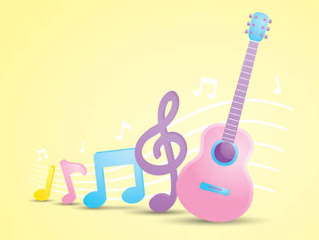 cute pastel guitar with music note graphic elements on yellow backgroundのイラスト素材