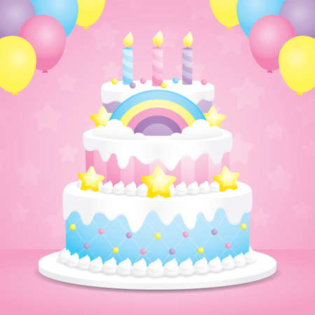 cute kawaii birthday cake with colorful balloons on sweet pastel pink background 3d illustration vectorのイラスト素材