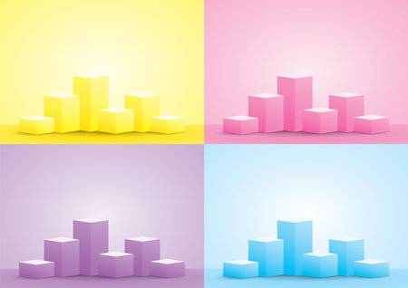 pastel color square shape podium display set 3d illustration vector for putting your objectのイラスト素材