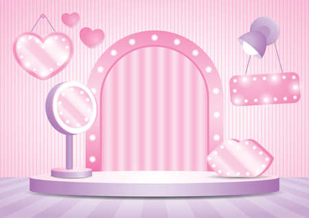 beauty podium display stage with light bulb arch backdrop and cute girly stuff 3d illustration vector for putting your objectのイラスト素材