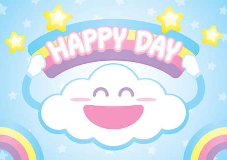 cute kawaii cloud is smiling and holding rainbow sign with the phrases happy day on blue sky with gold stars and rainbow illustration vectorのイラスト素材