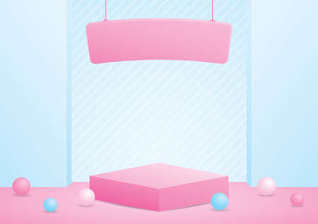cute girly pink product display podium with hanging sign on sweet pastel blue backdrop 3d illustration vector for putting objectのイラスト素材