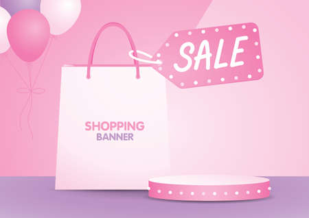 shopping bag with sale tag and display podium 3d illustration vector on sweet pastel background with cute balloonsのイラスト素材